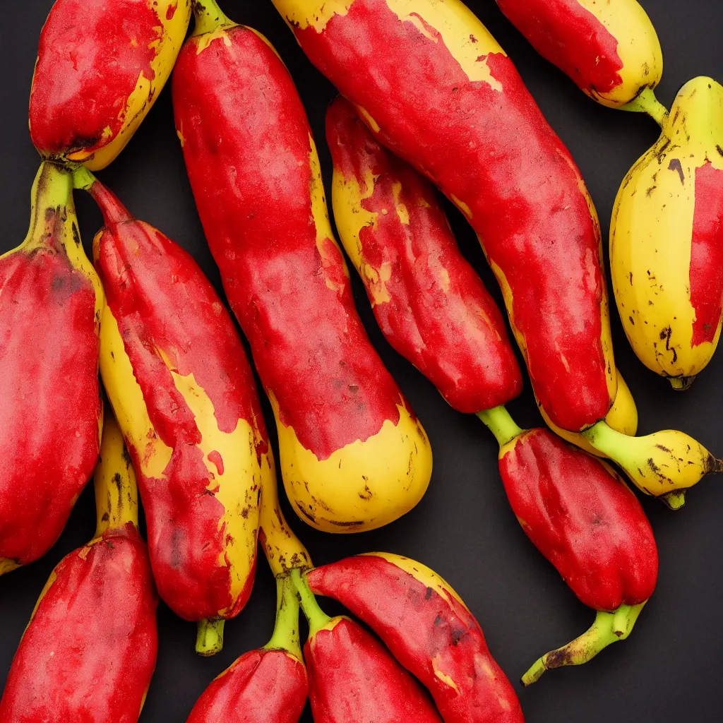 Image similar to fat banana in the shape of red cracked pepper, closeup, hyper real, food photography, high quality