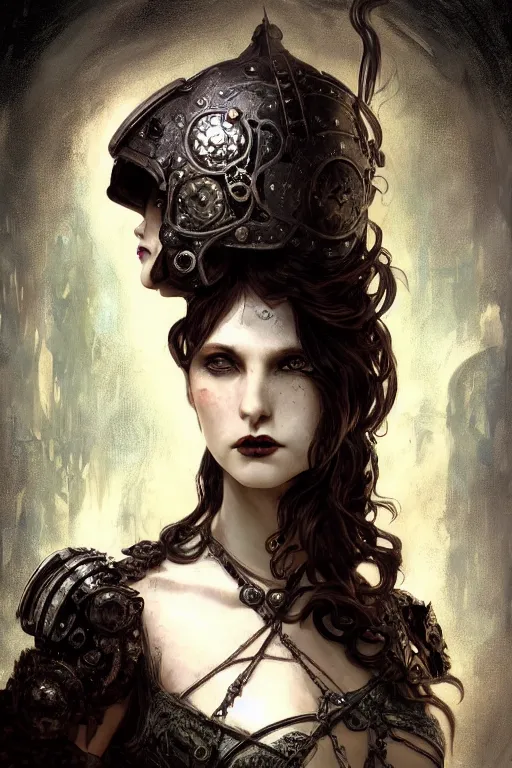 Image similar to beautiful and gothic and victorian and dieselpunk young medieval female armor portrait +smoky eyes+front face with light flowing hair, ultradetail face, ruined ancient Agora of Athens, art and illustration by tian zi and craig mullins and WLOP and alphonse mucha, fantasy, intricate complexity, human structure, human anatomy, fantasy character concept, watermark, blurry, hyperrealism 8k