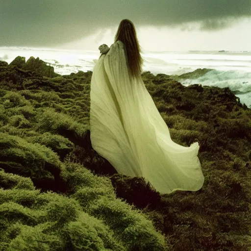 Image similar to 1 9 7 0's artistic spaghetti western movie in color, a woman in a giant billowy wide flowing waving dress made out of white smoke, standing inside a green mossy irish rocky scenic landscape, crashing waves and sea foam, volumetric lighting, backlit, moody, atmospheric