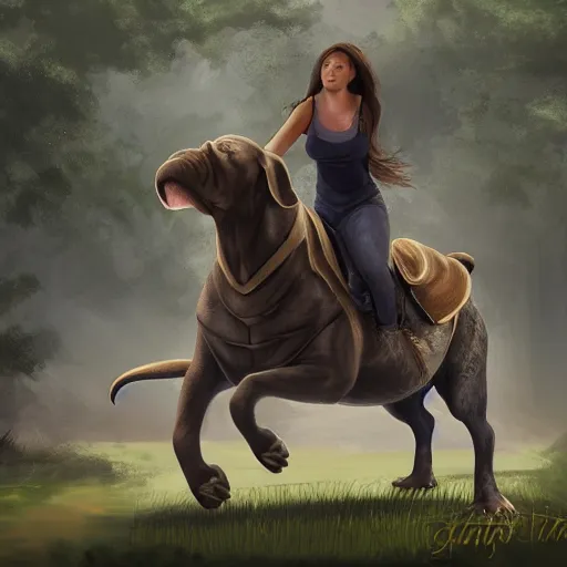 Image similar to girl riding a giant Neapolitan Mastiff in the park, trending on artstation