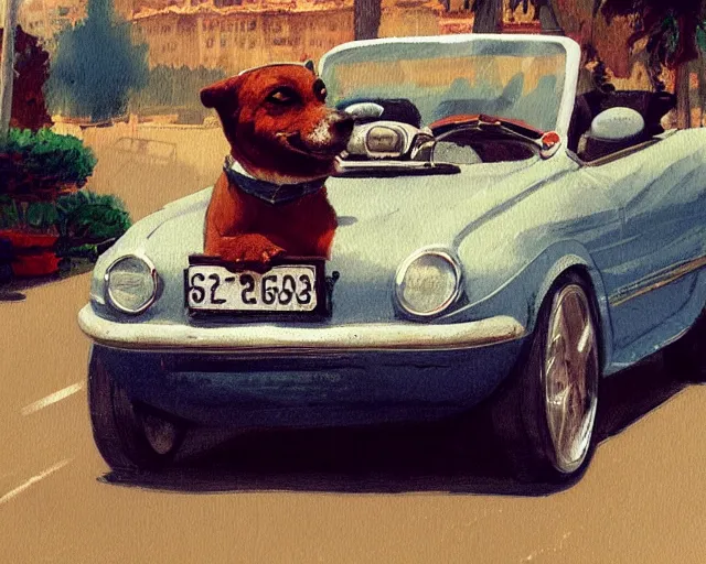 Prompt: a painting of a hipster dog driving a convertible in monte carlo, in the style of greg rutkowski, highly detailed, artstation