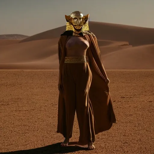 Image similar to full body shot of a pale woman in a desert lanscape, wearing a full face occult golden mask, dry desert background, smoke around her, , several glowing eyes, award winning photography, 8k, in the style of Darren Arnofsky, David Lynch and Alejandro Jodorowsky,