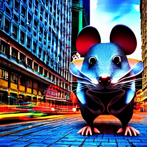 Image similar to giant mouse in the city, photorealistic, highly detailed, sharp focus, vivid, symmetrical, random, convoluted, mind - blowing, creative, fully functional, physics defying, amazing, cool, hdr