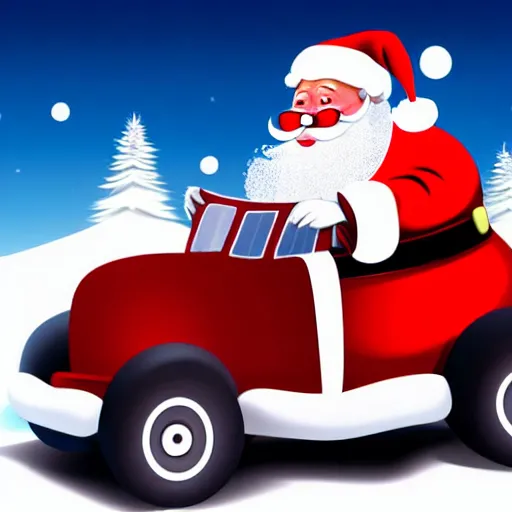 Image similar to Santa Clause driving a rally car he is going fast there is smoke coming from the tires there is snow on the track you can clearly see Santa Clause driving he is fat and jolly, realistic lighting, realistic shadows, highly reflective, photo realistic, hyper realistic