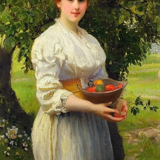 Prompt: portrait of a young woman outside in an orchard, painted by nikolay makovsky, detailed