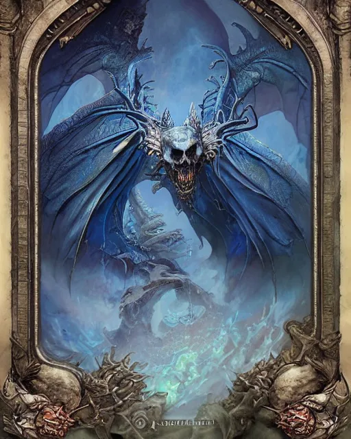 Image similar to a beautiful detailed 3d matte painting of female blue dragon of the dead, by ellen jewett, by tomasz alen kopera, by Justin Gerard, ominous, magical realism, Magic the gathering playing card, texture, intricate, ornate, royally decorated, skull, skeleton, whirling smoke, embers, radiant colors, fantasy, trending on artstation, volumetric lighting, micro details, 3d sculpture, ray tracing, 8k