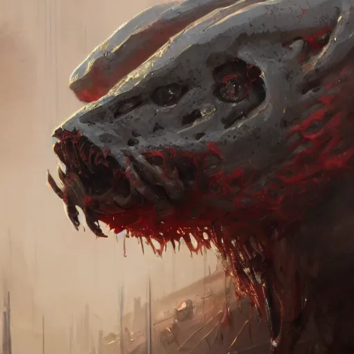 Prompt: concept art by greg rutkowski, dog - shaped monster made of twisted meat and reddish ooze, roaming the colony, looking rabid, in a claustrophobic, futuristic and brutalist environment, frightening and creepy atmosphere, scifi, highly detailed portrait, digital painting, artstation, concept art, smooth, sharp foccus ilustration, artstation hq