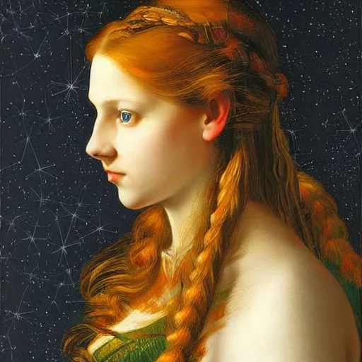Prompt: sharp, intricate fine details, breathtaking, digital art portrait of a red haired girl with long hair and green eyes softly smiling in a dreamy, mesmerizing scenery with fireflies, art by artemisia gentileschi