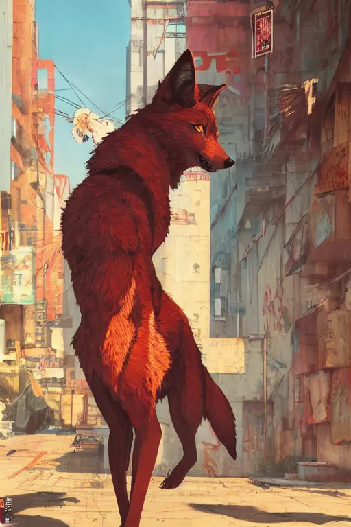 Prompt: graffiti of a red wolf with a mohawk, punk, banksy, brownstone wall, cyberpunk, by studio ghibli, makoto shinkai, by artgerm, by wlop, by greg rutkowski, volumetric lighting, octane render, 4 k resolution, trending on artstation, masterpiece