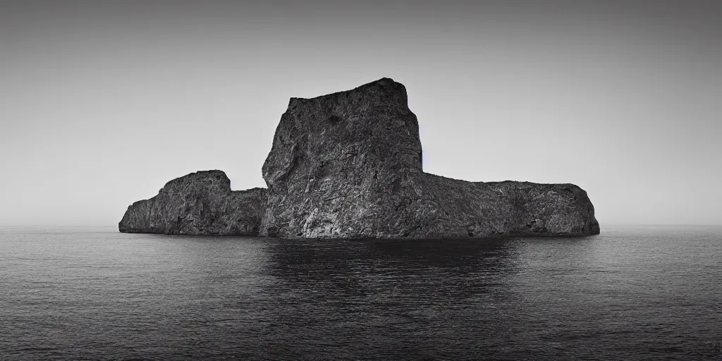 Prompt: black and white crystal cliffs surrounding an island, viewed from the ocean, high quality digital art,