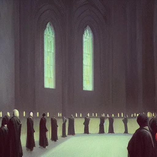 Image similar to a cult summoning a glowing ghost at night in the world of Edward Hopper, black robes, church, stormy snowy weather, extremely detailed masterpiece, oil on canvas, low-key neon lighting, artstation, Blade Runner 2049, Roger Deakin’s cinematography, by J. C. Leyendecker and Peter Paul Rubens,