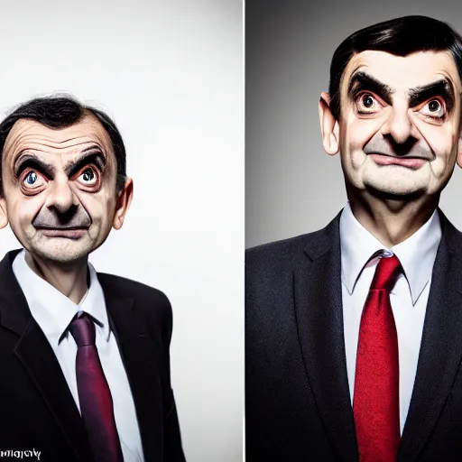 Image similar to A portrait mr bean teams up with a teenage mr bean and a female Mr Bean, everyone has a Mr Bean face, perfect faces, 50 mm, award winning photography