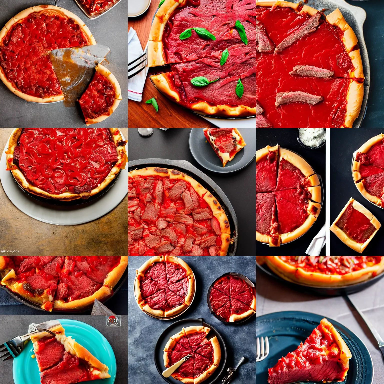 Prompt: jello and steak in a cheesy chicago deep dish pizza, professional food photography