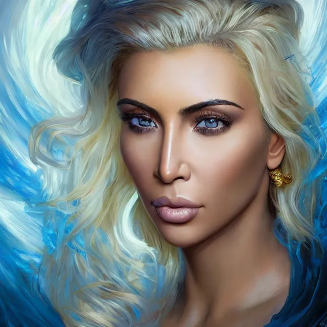 Image similar to Portrait of a mystical kim kardashian. Bright blue eyes, blonde hair, porcelain skin, full lips, oily chest, Fantasy art by artgerm and greg rutkowski and alphonse mucha, intricate, elegant, highly detailed, dramatic lighting, digital painting, concept art, illustration, award winning on artstation, D&D, AD&D.