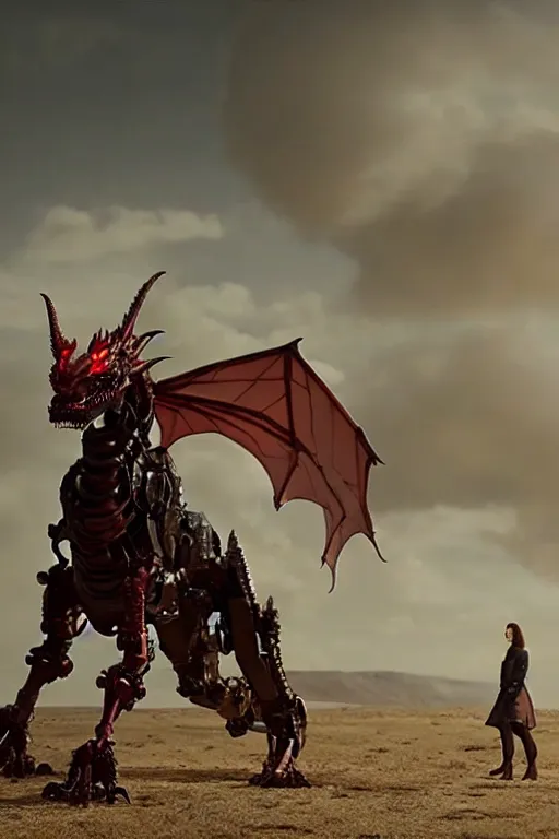 Image similar to cinematic still of westworld, a full body red si - fi robotic fantasy dragon, well armored mech dragon, highly detailed