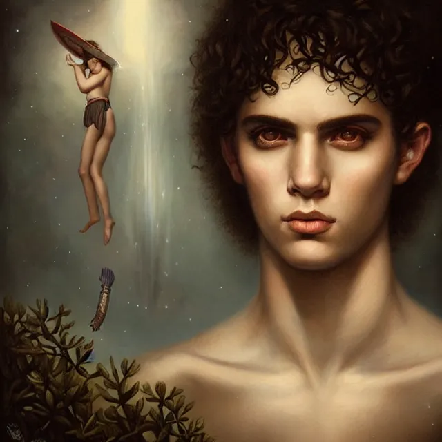 Prompt: portrait of a magical latin boy, art by tom bagshaw and manuel sanjulian