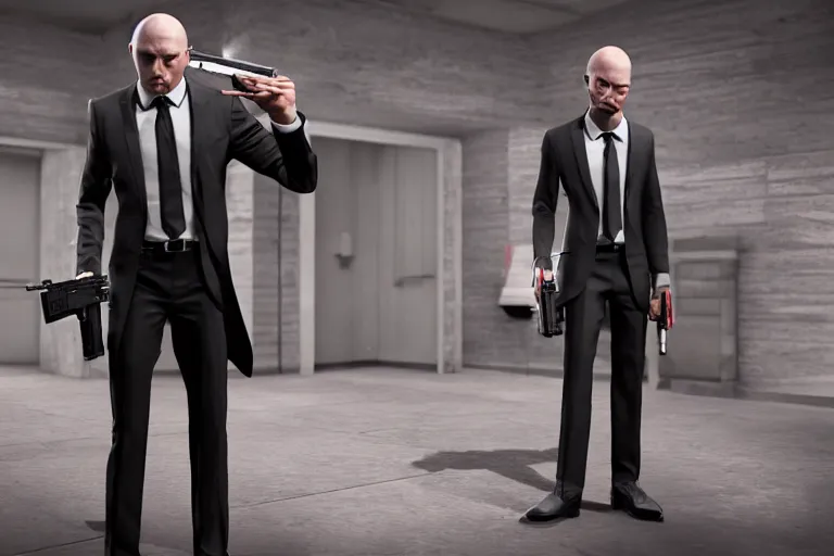 Image similar to a photo of agent 4 7 with his suit on holding a gun, photorealistic, 8 k, hd