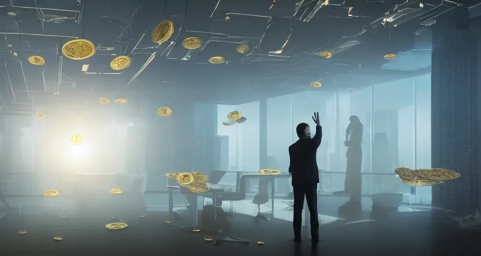 Image similar to Dramatic photo of a CEO waving goodbye to silhouettes of his coworkers in a futuristic office. Golden coins are levitating all around them. 8k, high detail, trending on Artstation, volumetric lighting, cyberpunk