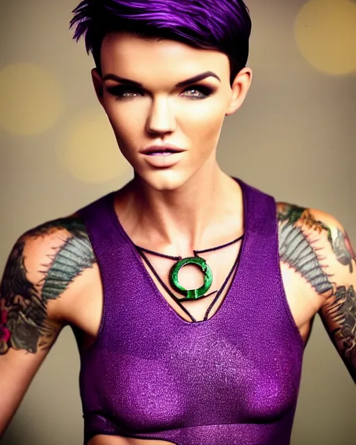 Image similar to photos of beautiful actress Ruby Rose with flawless skin and no tattoos colored as the purple skinned Green Lantern soranik natu as she soars thru outer space,Ruby Rose, photogenic, purple skin, short black pixie like hair, particle effects, photography, studio lighting, cinematic