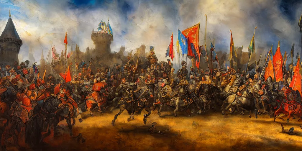 Prompt: rembrandt style painting of medieval knights jousting, grand castle tournament grounds, colorful knight tents setup with unique sigils and banners, beautiful partly cloudy day