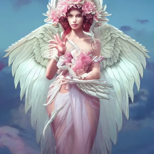 Image similar to expressive full body photo of sophia lauren as beautiful angel, smooth glowing skin, ornate headpiece made from pink flowers, glamour shot, by yoshitaka amano, by greg rutkowski, by jeremyg lipkinng, by artgerm, digital art, octane render, unreal engine, photorealistic, 3 d character