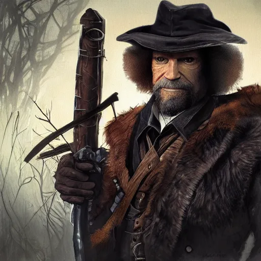 Image similar to an ultra detailed vector image of bob ross dressed as the hunter from bloodborne, concept art by alphonse mucha and greg rutkowski, praise the blood moon, octane render, liminal space