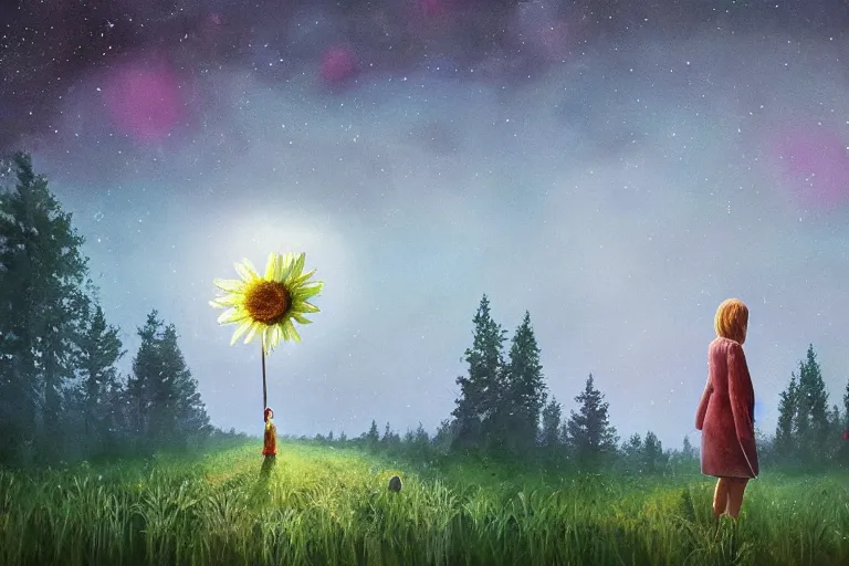 Image similar to giant daisy flower over head, girl walking in forest, surreal photography, dark night, stars, moon light, impressionist painting, clouds, digital painting, artstation, simon stalenhag