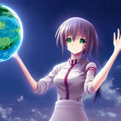 Image similar to An anime girl holding and terraforming a planet on her hands, wide-shot, high detail, 4k, digital art, artstation, 8k, very detailed, 85mm