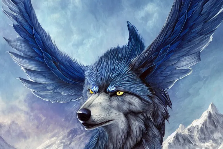 Image similar to Blue feathered wolf with wings on a beautiful fantasy landscape, hills, mountains, moonlit, HD, illustration, epic, D&D, fantasy, intricate, elegant, highly detailed, digital painting, artstation, concept art, smooth, sharp focus, illustration, wallpaper, art by artgerm and greg rutkowski and alphonse mucha and jin xiaodi and anthony devine and yigit korogly