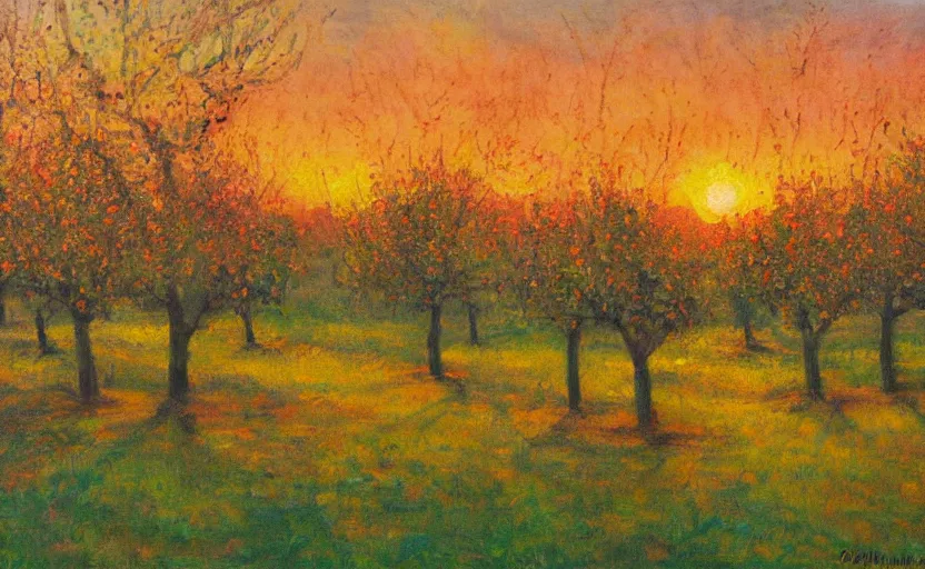 Image similar to an orchard at sunset, impressionist painting, oil on canvas, golden hour, beautiful lighting
