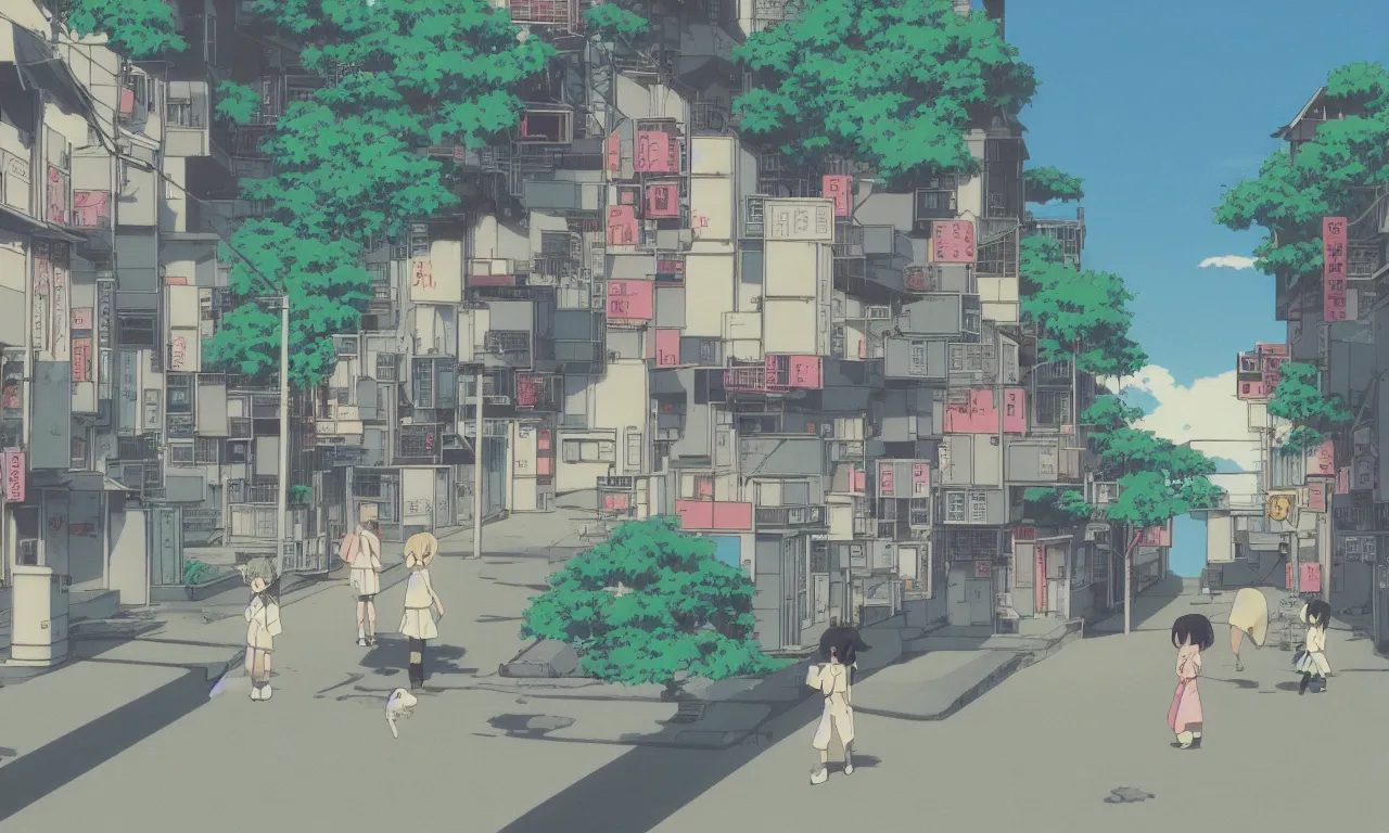 Image similar to A cute aesthetic still frame from an 80's or 90's anime, minimal street in Japan with a waterfall