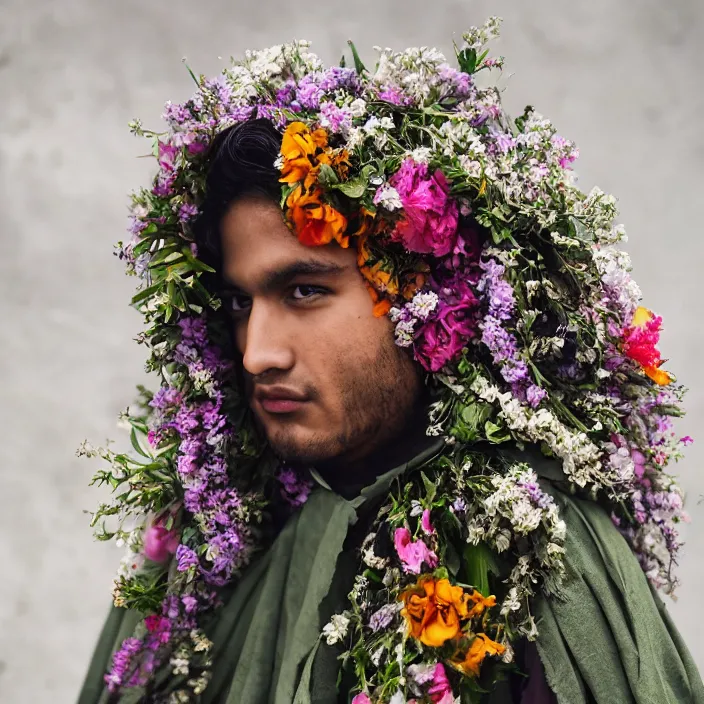 Prompt: an aqrabuamelu wearing a cloak made of flowers, by Omar Z. Robles, CANON Eos C300, ƒ1.8, 35mm, 8K, medium-format print