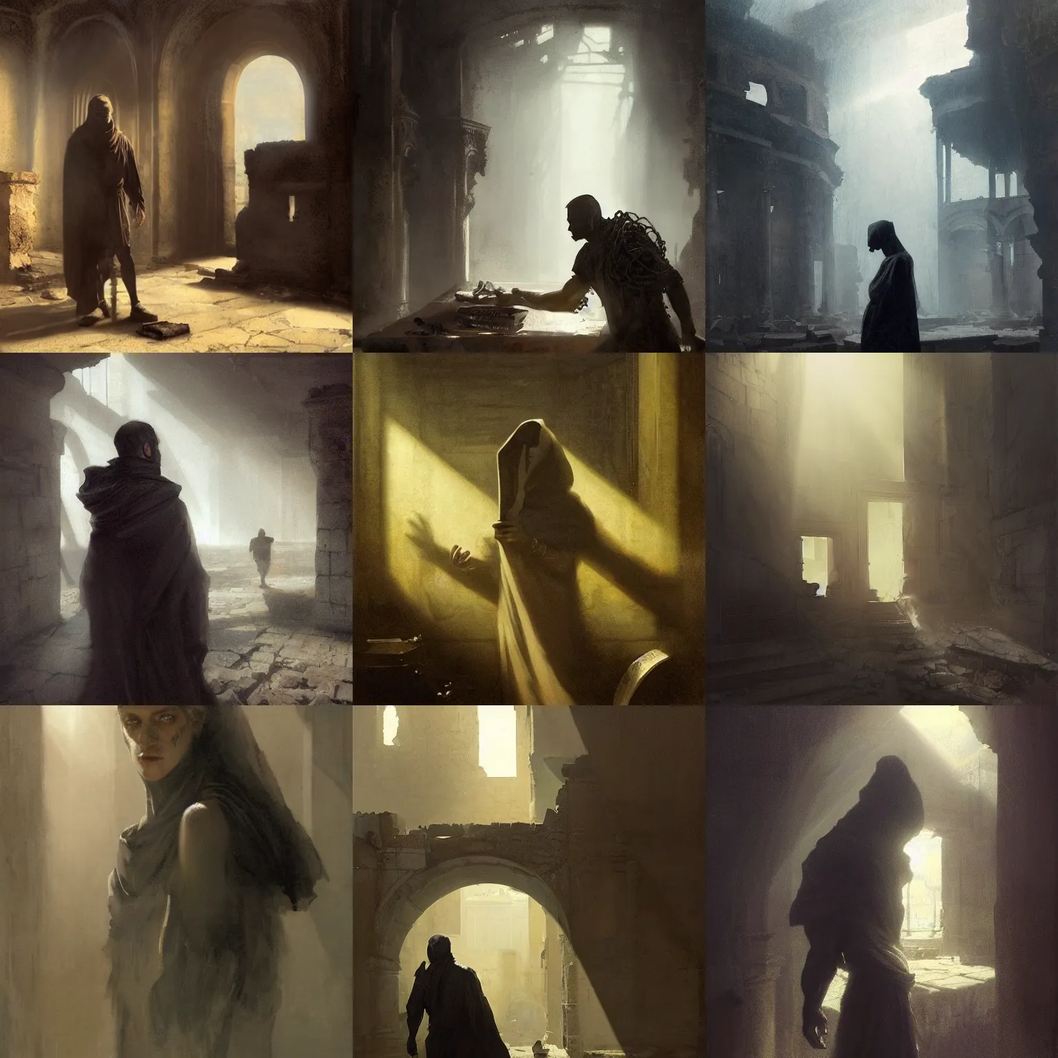 Prompt: portait of magican wearing a closed cerimonial cowl, big old book!! chained to the wrist, by jeremy mann, by greg rutkowski, by caravaggio and mike mignola, face in the shadows, ( ( ruins of ancient rome ) ), at dusk, mysterious atmosphere, sunrays, high detailed, 8 k