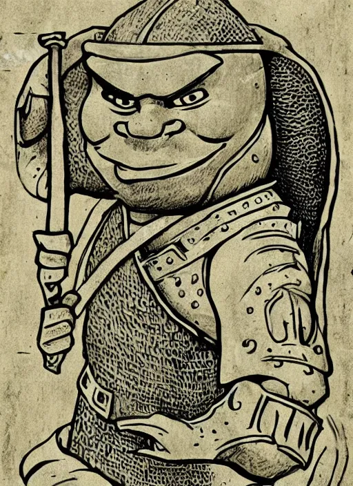 Image similar to medival scroll illustration of a Shrek in armour from Shrek the movie, fine detail, copperplate