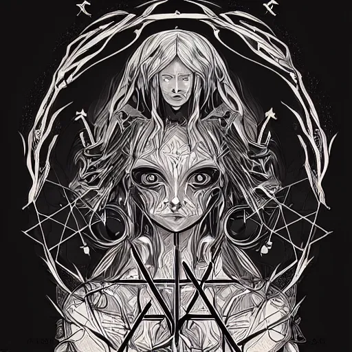 Image similar to shadowy pitch-black void occultist, gnostic sigils, ars goetia, heroine, beautiful symmetrical portrait, intricate complexity, rule of thirds, in the style of Artgerm and Kazuki Tanahashi, character concept