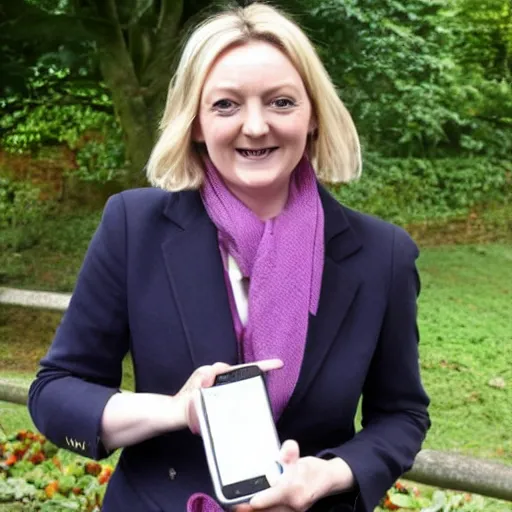 Image similar to liz truss using pork sausage as a phone