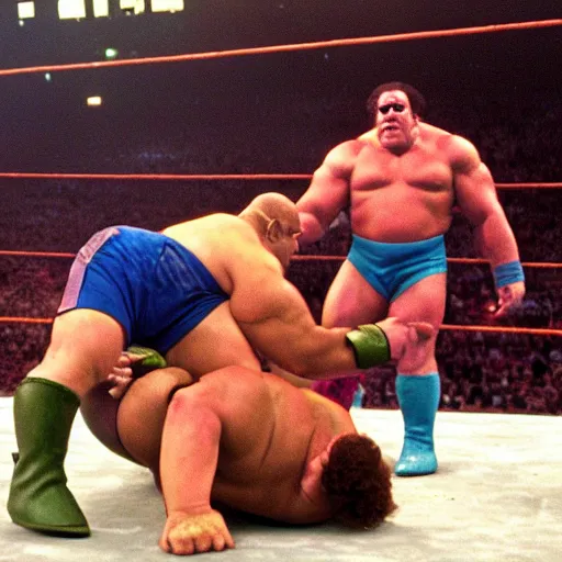 Image similar to shrek and John cena tag team fight vs andre the giant and hulk hogan at wrestlemania 8, dramatic lighting ,