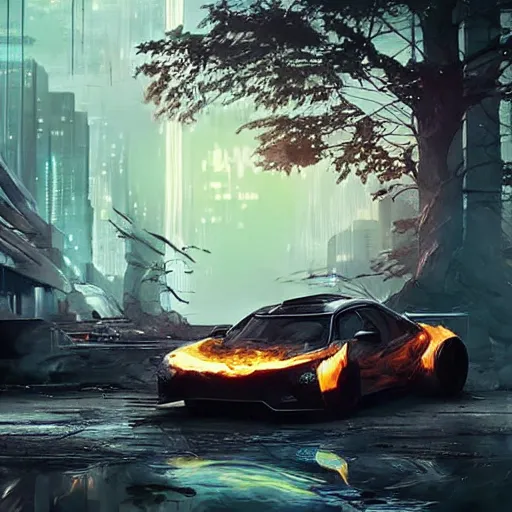 Image similar to cyberpunk car on fire in the middle of the woods stylized artgerm artstation hd cgsociety cgi realistic dramatic cinematic artistic trending detailed