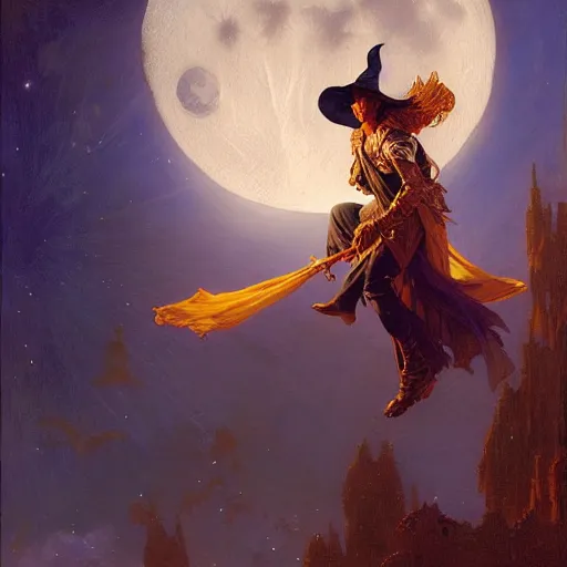 Image similar to attractive male witch magically flying trough the night, fantasy, full moon in background. highly detailed painting by gaston bussiere, craig mullins, j. c. leyendecker 8 k