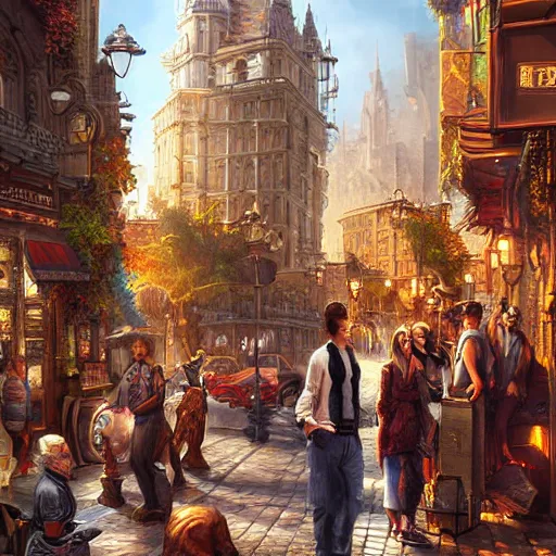 Image similar to a busy fantasy street scene from within a beautiful and ornate city, hyper realistic digital art, beautiful painting, detailed, cinematic, great composition