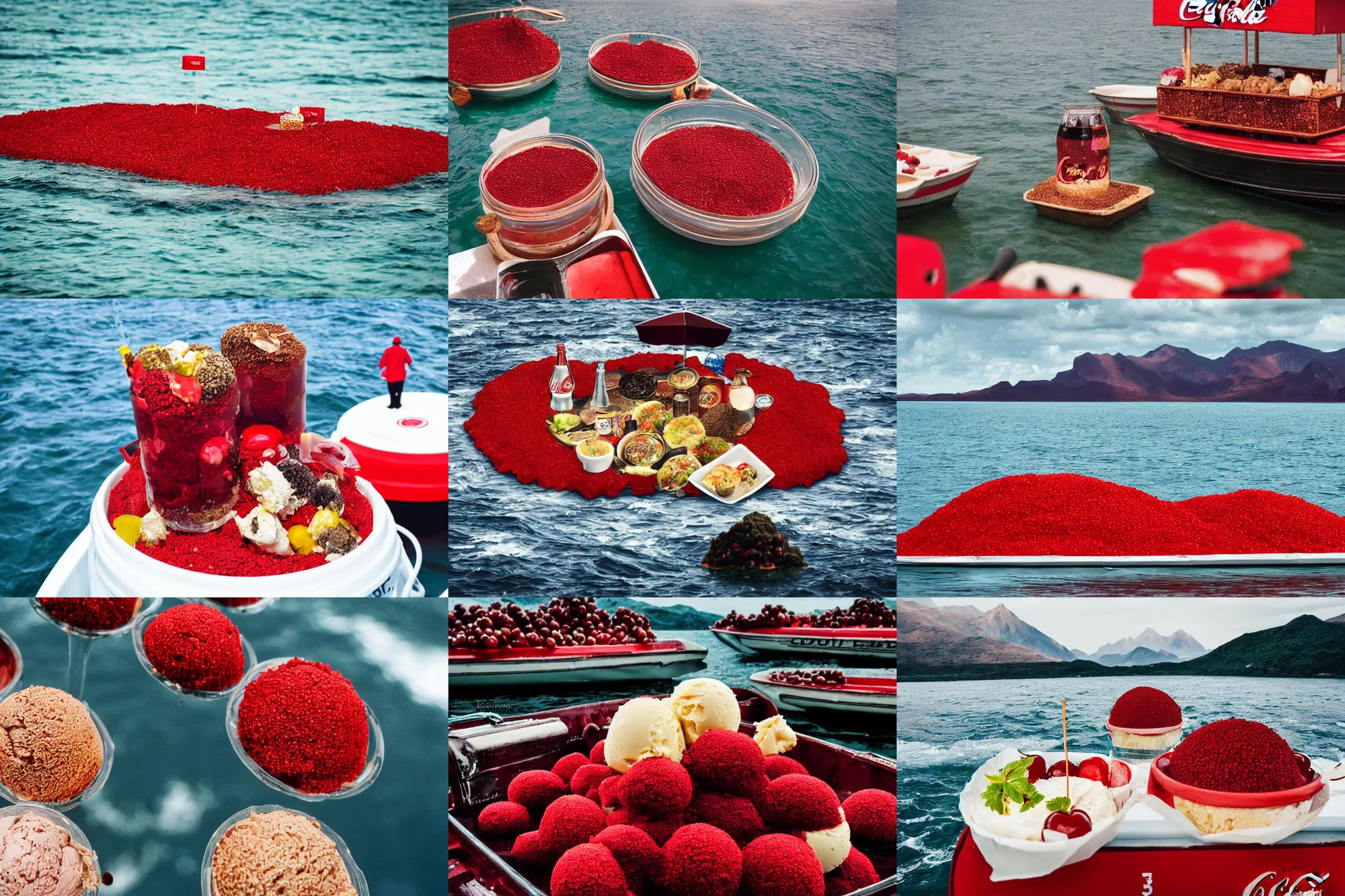 Image similar to an island made of food, around the island instead of water coca - cola ( dark brown ), instead of sand red caviar, instead of mountains ice cream with cherries, photo taken from a boat, 3 5 mm, cinematic