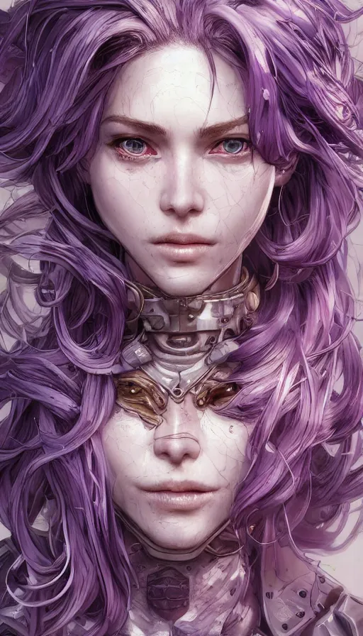 Image similar to close facial portrait of a pale woman in power armor with flowing purple hair, elegant, stoic, intense, ultrafine hyperdetailed illustration by kim jung gi, irakli nadar, intricate linework, sharp focus, bright colors, octopath traveler, final fantasy, hearthstone, highly rendered, global illumination, radiant light, detailed, intricate environment