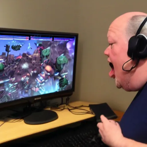 Image similar to obese Frank Miller wearing a headset yelling at his monitor while playing WoW highly detailed wide angle lens 10:9 aspect ration award winning photography