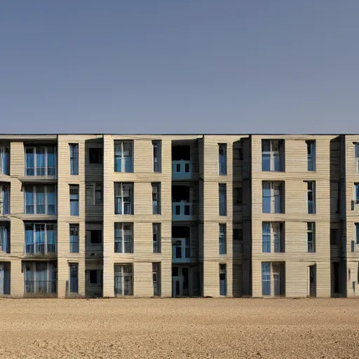 Image similar to A post-soviet average Polish residential block standing alone in the middle of an empty desert, sunny weather