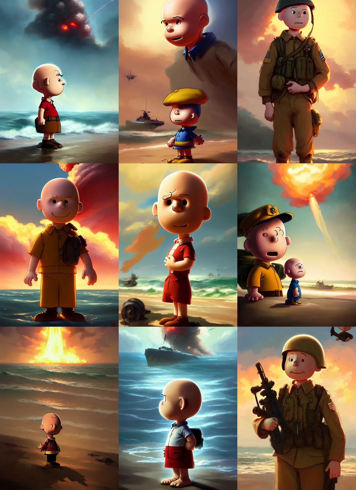 Prompt: beautiful portrait of charlie brown storming the beaches of normandy during d - day during world war 2. explosions. character design by disney, charlie bowater, ross tran, artgerm, and makoto shinkai, detailed, soft lighting, rendered in octane