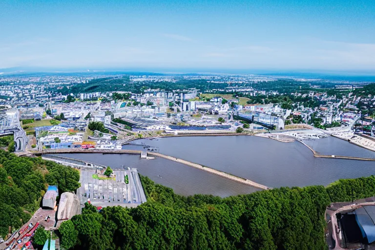 Prompt: bird's eye view photography of a small city. town hall, central farm, monorail station, beach and shipping dock. hills, woods and pond to the north.