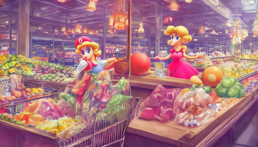 Image similar to photography of princess peach from mario in a grocery store with frock, in the mushroom kingdom, mario theme grocery store around, winter, anime style character, clean soft lighting, backlit beautiful face, clean brush stroke, 8 k character concept art, by wolp and artgerm ， 3 d