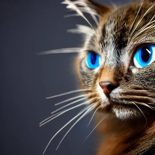 Prompt: A beautiful award winning picture of a cute cat in front of a dark background. The cat is normal except it has a small peacock tail and some feathers on the back. Highly detailed, stunning, 8k