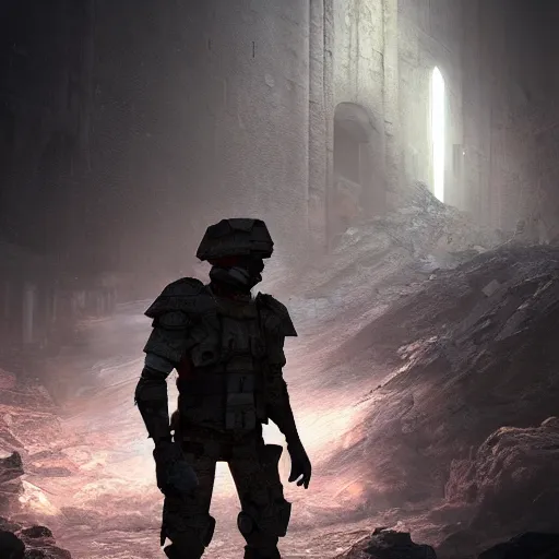 Prompt: a futuristic soldier entering into a ruined futuristic cathedral, unreal engine fantasy art, fog, volumetric lightning, nighttime, hd, 8k