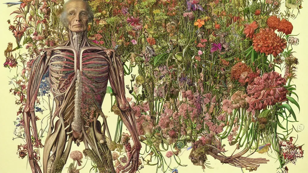 Image similar to highly detailed illustration of a single human anatomy body surrounded by all the known species of plants and flowers by juan gatti!, by moebius!, by leonardo da vinci!, by oliver vernon!